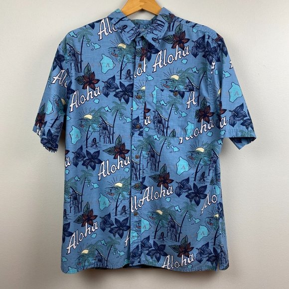 Croft & Barrow Button Up Shirt L Men Blue Short Sleeve Cotton Island Print Aloha - Picture 1 of 9